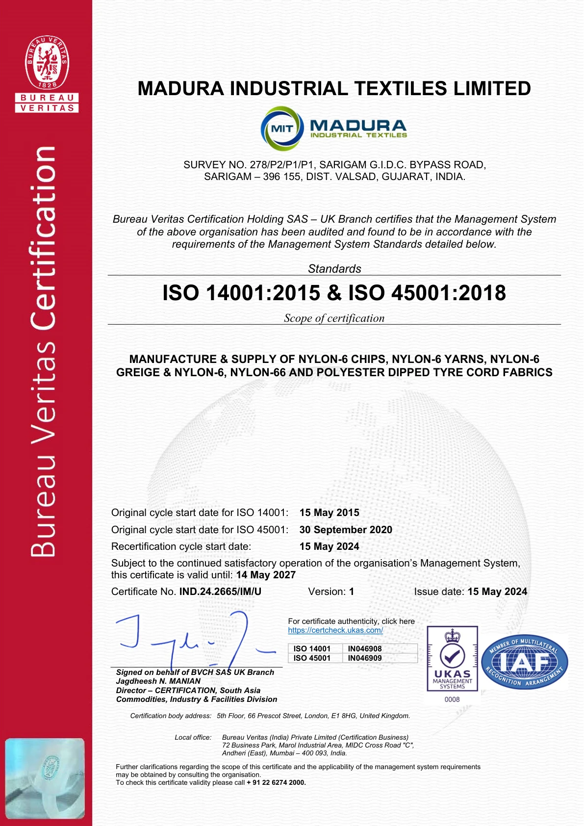 MITLS ISO 14001 and 45001 Certificate Due 14-05-2027